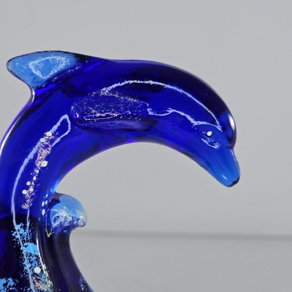 Fenton Art Glass Figurine Cobalt Blue Dolphin On Wave 4" Signed Hand Painted - Picture 10 of 10